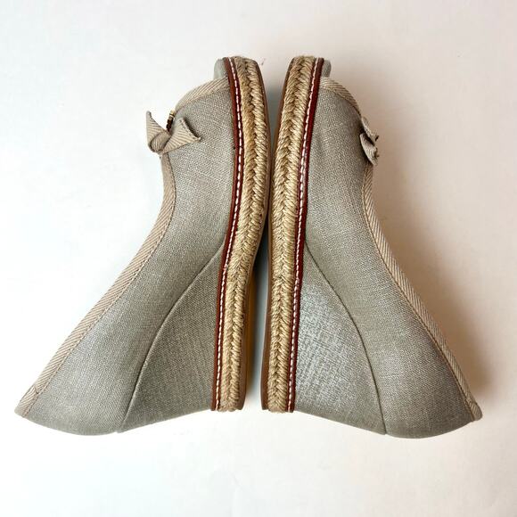 Tory Burch Jackie Espadrille Wedge Peep Toe Pumps in Beige Canvas Size 8.5 - Picture 6 of 10